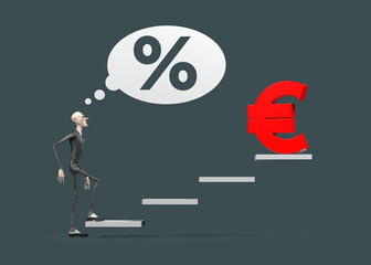 Red color euro symbol and 3d character, success concept. On the dark green color endless backdrop. Horizontal composition. ısolated with clipping path.