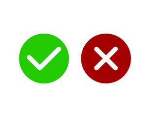 Checkmark icons set. Tick and cross sign. Green check mark and red X cross icon isolated on white background. Simple marks graphic flat design. Circle shape YES and NO button.