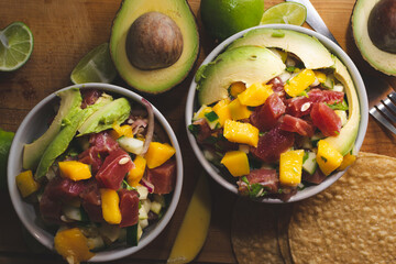 traditional Mexican ceviche, with fresh tuna, avocado and mango, delicious and nutritious. 