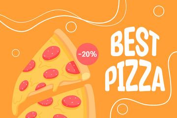 Pizza banner with salami. Flyer with pepperoni pizza. vector illustration. Poster for street food. Banner with fast food.