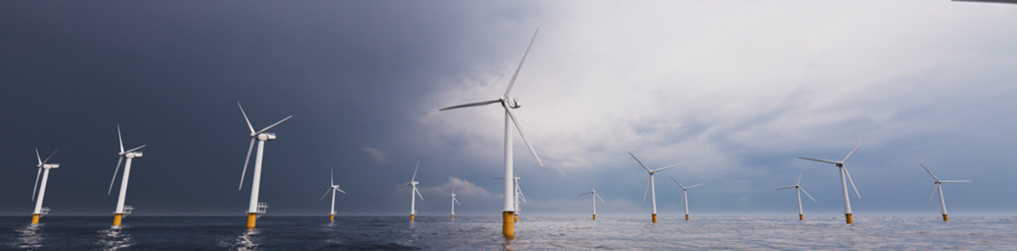 Wind Power. Offshore Wind Turbines on an Overcast Morning. Environmental Electricity Concept.