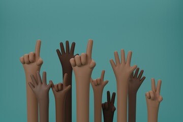 Raised hands of different race skin color,black history month, brown skin, prejudice discrimination activism, african american, people of color. Diversity concept. 3D Rendering illustration.