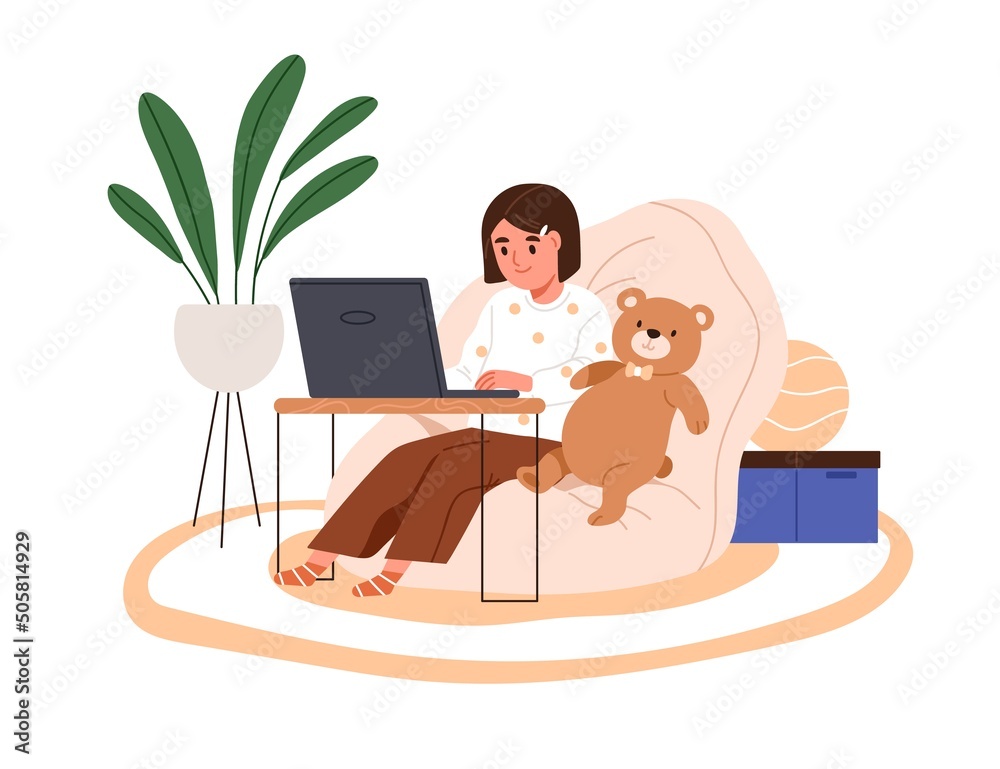 Wall mural Kid sitting with laptop at home. Happy child studying online at computer. Elementary school girl in beanbag chair using internet, learning. Flat vector illustration isolated on white background