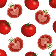 Seamless pattern with red tomatoes round and cut with a peduncle and leaves on a white background hand-drawn realistic illustration, vegetarian vegetable. For printing and packaging design and fabrics