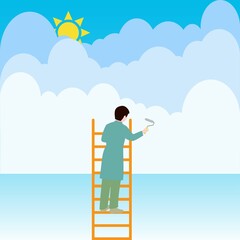 Man on a ladder painting clouds