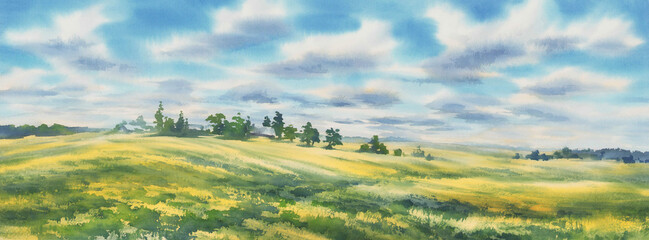 Summer landscape with a meadow and clouds watercolor background - 505816384