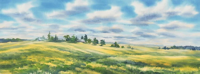Foto op Canvas Summer landscape with a meadow and clouds watercolor background © Egle