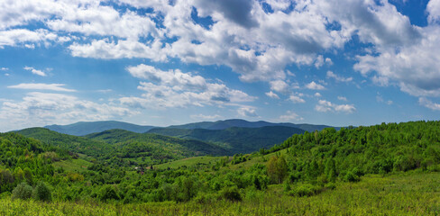 Summer landscape. The low hills are covered with fresh greenery. Light clouds in the blue sky. May in the Ukrainian Carpathians