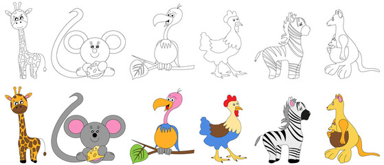 Set of coloring page for kids. Graphic design for children. Cartoon animals.