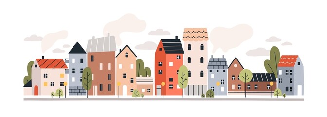 Cute houses, city buildings in Scandinavian style. Cosy town panorama with home exteriors, Scandi architecture. Urban street with chimneys, smoke. Flat vector illustration isolated on white background - obrazy, fototapety, plakaty