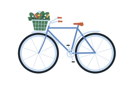 Retro bicycle with spring flowers in basket. Classic bike with floral plants in cart. Summer bouquet in vintage-styled cycle, side view. Flat vector illustration isolated on white background