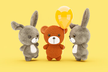 3d render illustration of a cute stuffed toy bear and rabbits on yellow background.
