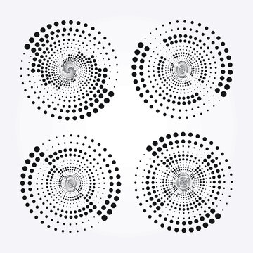 Halftone spiral vector element set. Abstract monochrome backdrop. Halftone logo design. Design element for various purposes.	