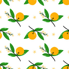 Cute cartoon style orange tree branches with fresh orange fruits, flowers and leaves vector seamless pattern background.
