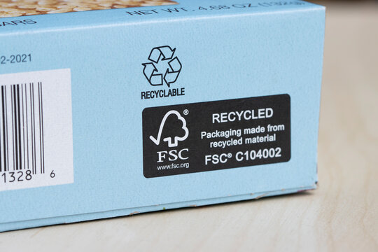 Portland, OR, USA - Apr 25, 2022: Closeup of the FSC certification icon seen on the packaging of MadeGood granola bars. The Forest Stewardship Council A.C. is an international non-profit organization.