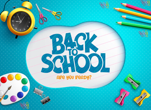 Back To School Vector Concept Design. Back To School Text With Learning Items Of Painting, Color Pencil And Clock Elements For Educational Study Messages. Vector Illustration.
