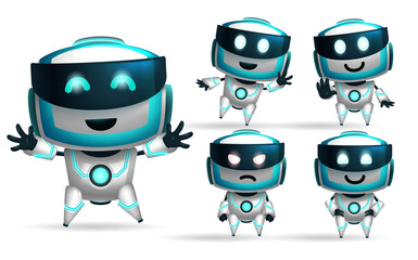 Robot characters vector set. Robotic 3d character in standing pose with happy, and friendly faces isolated in white background for kids technology modern robotic collection design. Vector illustration - obrazy, fototapety, plakaty