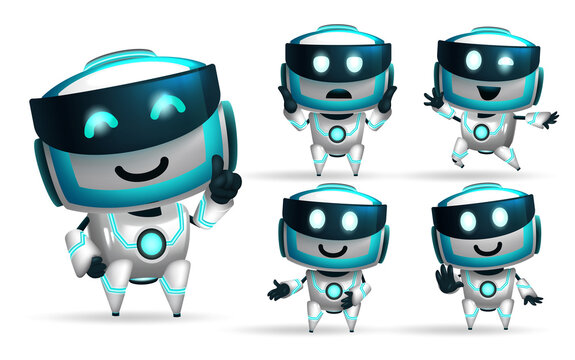 Robot characters vector set design. Robot character collection isolated in white background in standing pose and friendly gestures for modern robotic technology mascot. Vector illustration.
