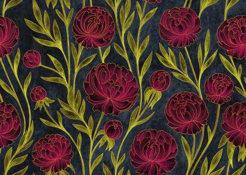 Vintage floral seamless pattern. Watercolor painting bright burgundy peony flowers with golden contours on textured dark gray background. Template for design, textile, wallpaper, bedding, ceramics.