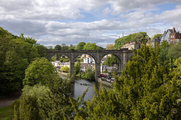 Beautiful view of Knaresborough Viaduct and trees over the River Nidd in the town of Knaresborough in Yorkshire, UK