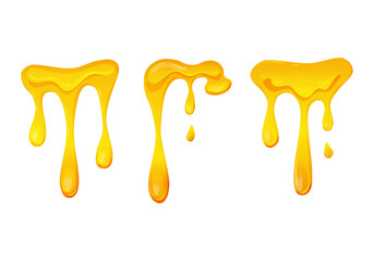 Flowing yellow viscous liquid on a white isolated background. Lemon jelly or honey drops. Cheese. Vector illustration. 