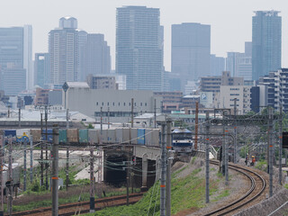 線路保守作業と通過する貨物列車