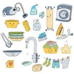 doodle Cartoon house cleaning kit. Cute smiles and kawaii household items. Vector illustration