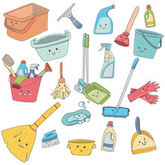 Cartoon doodle set of detergents. Kawaii household items. House cleaning with a smile. Vector illustration