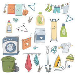 Set of household appliances and cleaning supplies cute cartoon. Kawaii doodle vector illustration.