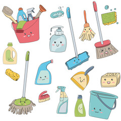 Kawaii doodle household items. Cartoon set of detergents. Smile while cleaning the house. Vector illustration.