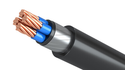 Stripped electrical cable with braid. Copper shielded power wire isolated on white. 3d illustration - obrazy, fototapety, plakaty