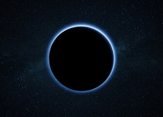 Blauwe gloed planeet aarde en eclips in diepe sterrenhemel. New Horizons vindt blauwe luchten en waterijs op Pluto