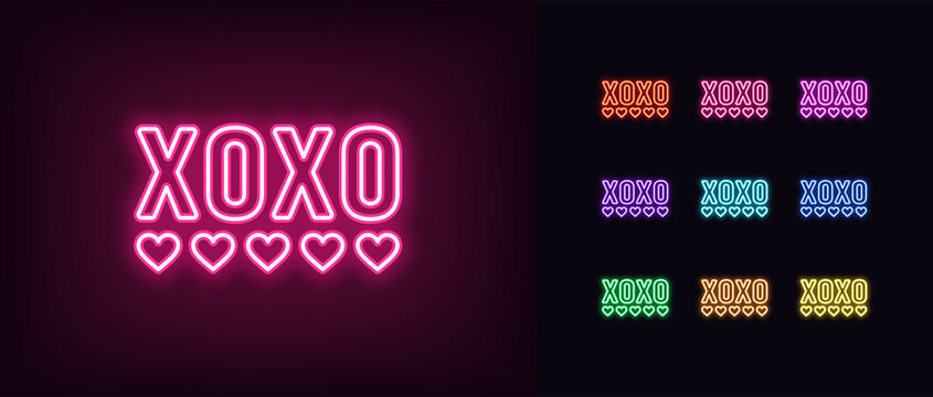 Outline neon XOXO icon. Glowing neon XOXO text with hearts, love pictogram. Hugs and kisses slogan
