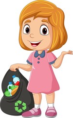 Cartoon girl gathering bottles into garbage bag
