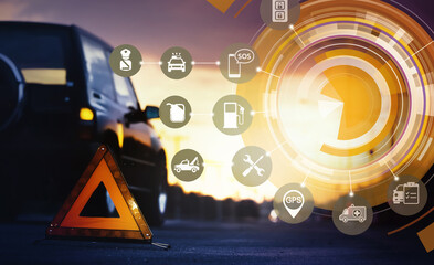Broken car with red emergency stop sign on country road.Abstract car accident futuristic user...