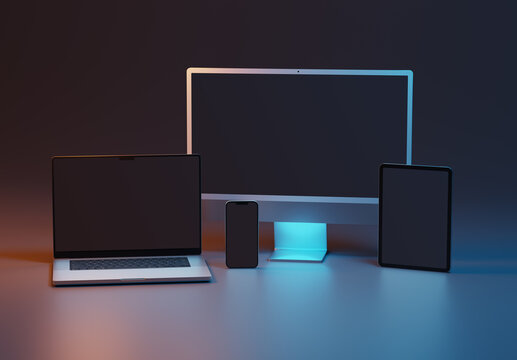 PARIS - France - April 28, 2022: Newly released Apple devices, Imac 24 desktop computer, Iphone 13 pro max mobile, Macbook laptop, Ipad tablet- 3d realistic rendering screen mockup on color