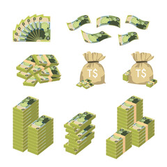 Tongan pa’anga Vector Illustration. Huge packs of Tonga paanga money set bundle banknotes. Bundle with cash bills. Deposit, wealth, accumulation and inheritance. Falling money 50 TOP