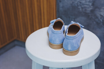 Blue leather brown women's shoes close-up. New collection of women's summer leather shoes.