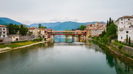 Fototapeta na wymiar Aerial View of the Alpini Bridge with the Brenta River in Bassano del Grappa, Vicenza, Veneto, Italy, Europe