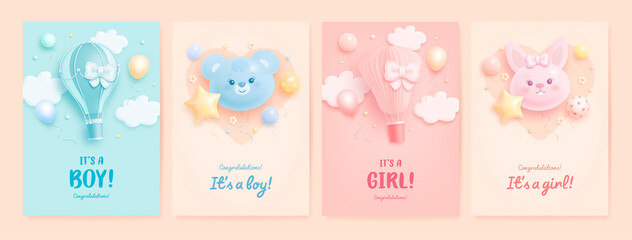 Set of baby shower invitation with cartoon bear, bunny, hot air balloon and flowers on blue, pink and beige background. It's a boy. It's a girl. Vector illustration - obrazy, fototapety, plakaty