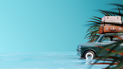 Green retro car with luggage on the roof and palm tree on blue background 3D Rendering, 3D Illustration