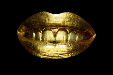 Beautiful lipped woman gold mouth. Sensual golden lips, sexy lip. Shine metalized lip.