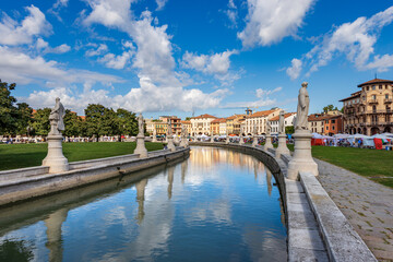 Padua downtown (Padova), famous town square called Prato della Valle (meadow of the valley), one of the largest in Europe. Veneto, Italy. It is an oval square with 78 statues, 4 bridges and an island.