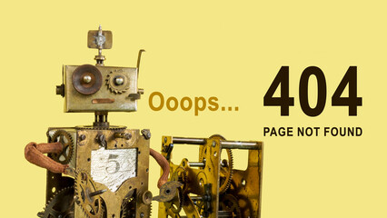 Funny robot with mechanical parts and sign 404 page not found.