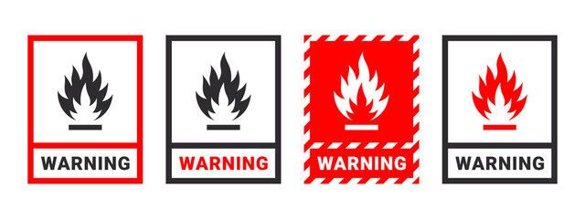 Warning sign. Sign danger flammable liquids or materials. Flammable substances icons set. Vector icons