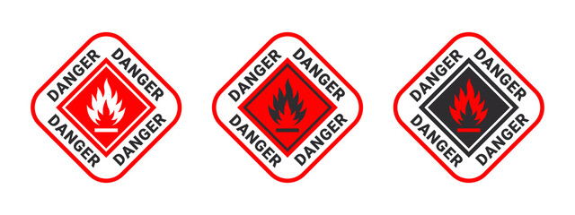 Warning sign flammable liquids or materials. Flammable substances icons set. Vector icons