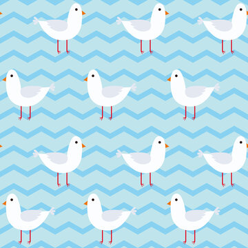 Seamless pattern with seagulls and zig zags.