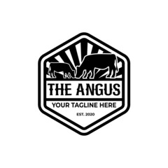 Two cows logo, hexagon angus emblem label, western cattle design