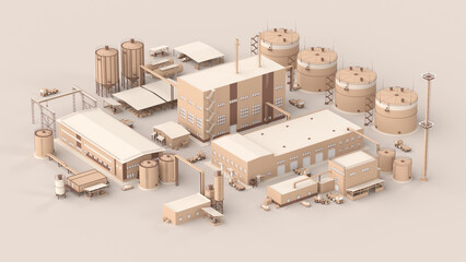 Small factory in isometry. A miniature of an enterprise with industrial buildings, a fuel and lubricants warehouse. Diorama of houses and construction equipment. Warm pastel colors. 3d illustration