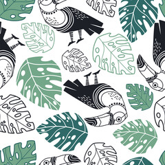 Seamless pattern abstract toucans with plants vector illustration